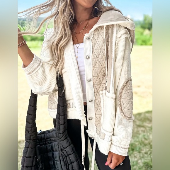 POL Tops - NWT POL Mixed Media Thermal Waffle Knit Quilted Hoodie Shacket Cream Jacket